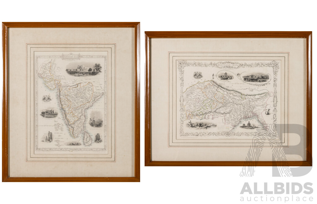 John Tallis (19th C., British, 1817-1876) & John Rapkin, (19th C, British, 1813-1899), Northern India and Soutern India, Pair of Antique Hand Coloured Steel Engravings, 44 x 55 cm (frames) (2)
