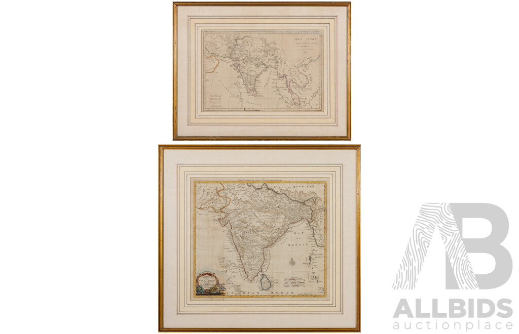 India Antiqua (From Atlas Tabulae Geographicae Orbis Veteribus Noti; c1820) & New Map of Indostan or East Indies (originally C1782), Lovely Pair of Antique Copper Engravings with Hand Coloured Borders, 54 x 59 cm (larger frame) (2)