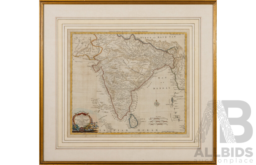 India Antiqua (From Atlas Tabulae Geographicae Orbis Veteribus Noti; c1820) & New Map of Indostan or East Indies (originally C1782), Lovely Pair of Antique Copper Engravings with Hand Coloured Borders, 54 x 59 cm (larger frame) (2)