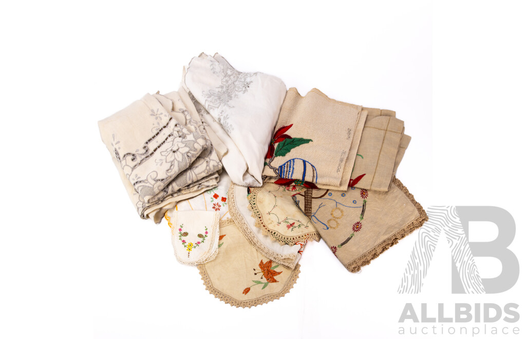 Lovely Collection of Ten Vintage Hand Embroidered Linens Including Three Tablecloths, Some Cushion Covers and Doilies (10)