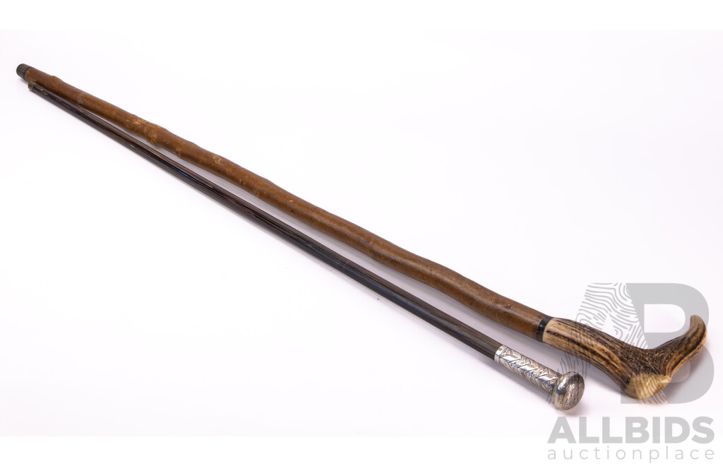 Two Vintage Walking Sticks Comprising Antler Handled Example & Wenge Wood Example with Sterling Silver Top