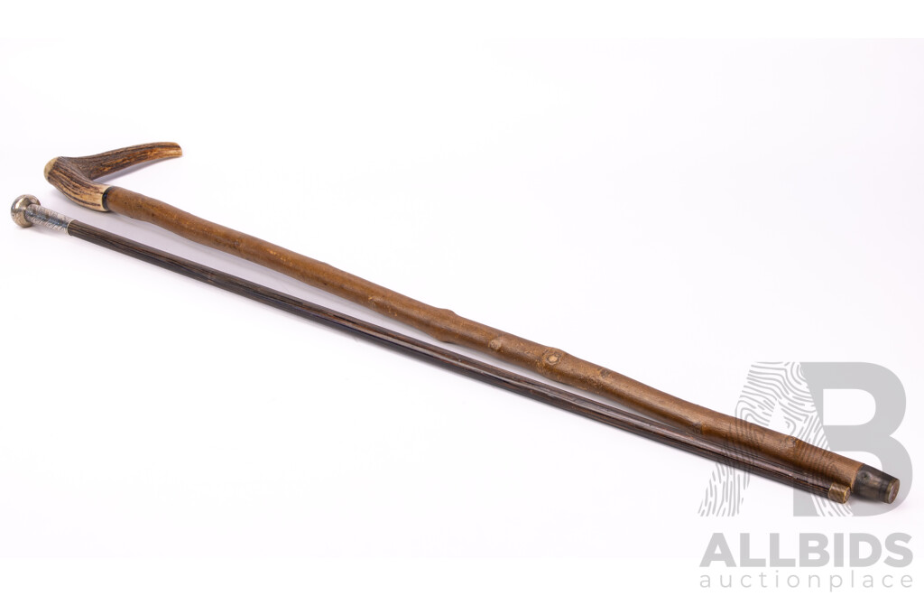 Two Vintage Walking Sticks Comprising Antler Handled Example & Wenge Wood Example with Sterling Silver Top