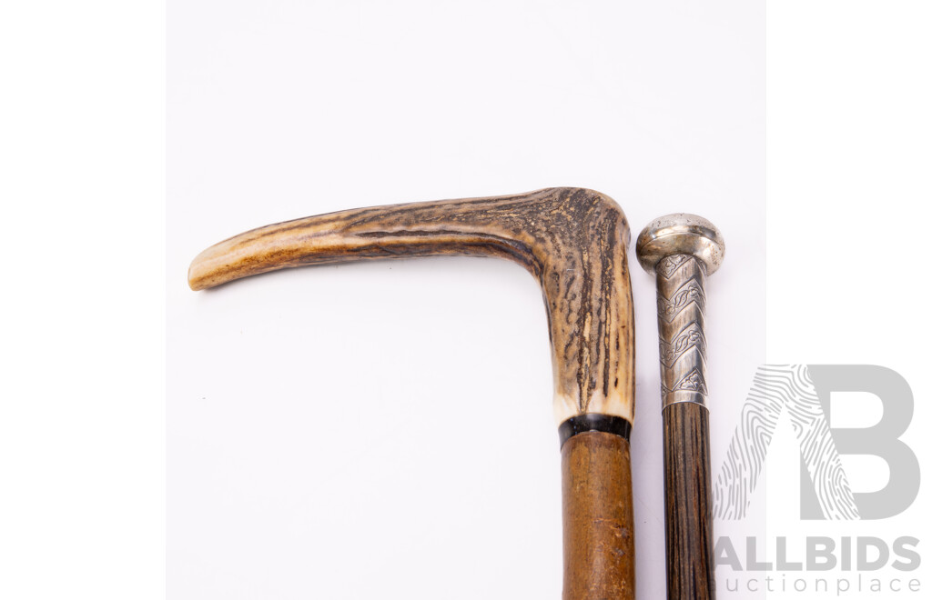 Two Vintage Walking Sticks Comprising Antler Handled Example & Wenge Wood Example with Sterling Silver Top