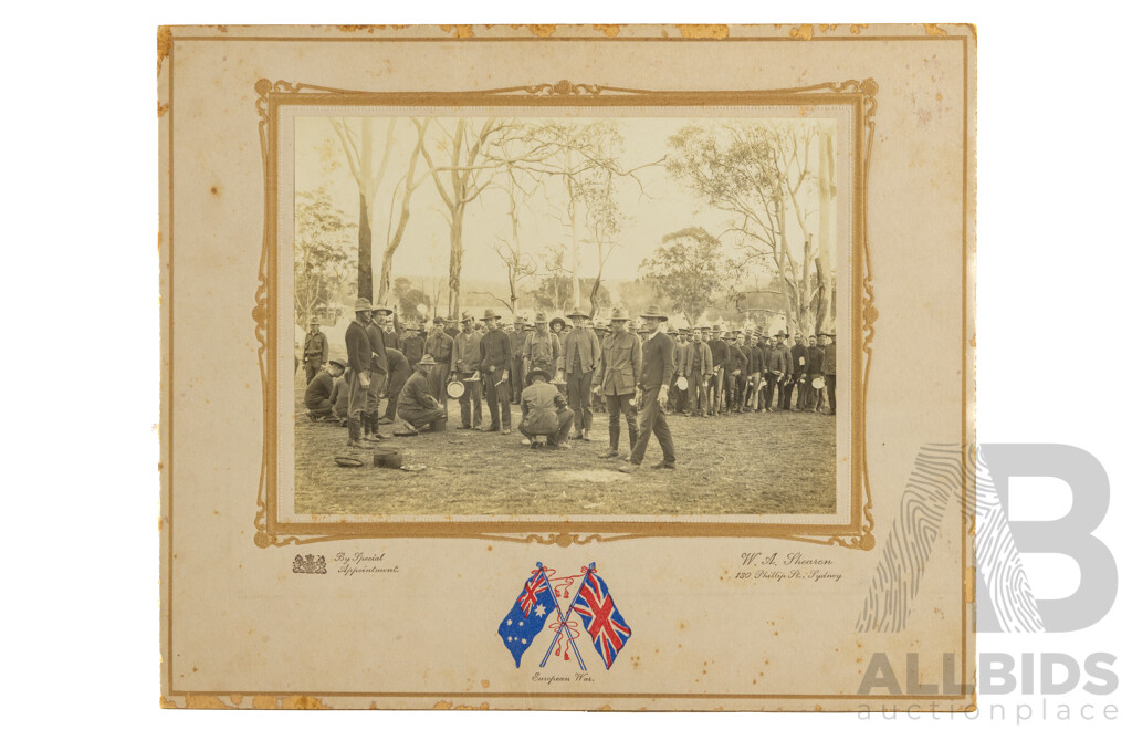 Pair of Antique World War I Photographs - Officers of the Australian Light Horse at Camp (1908) & Meangle Park Camp, April (1914), 25 x 30 cm (with matboards) (2)