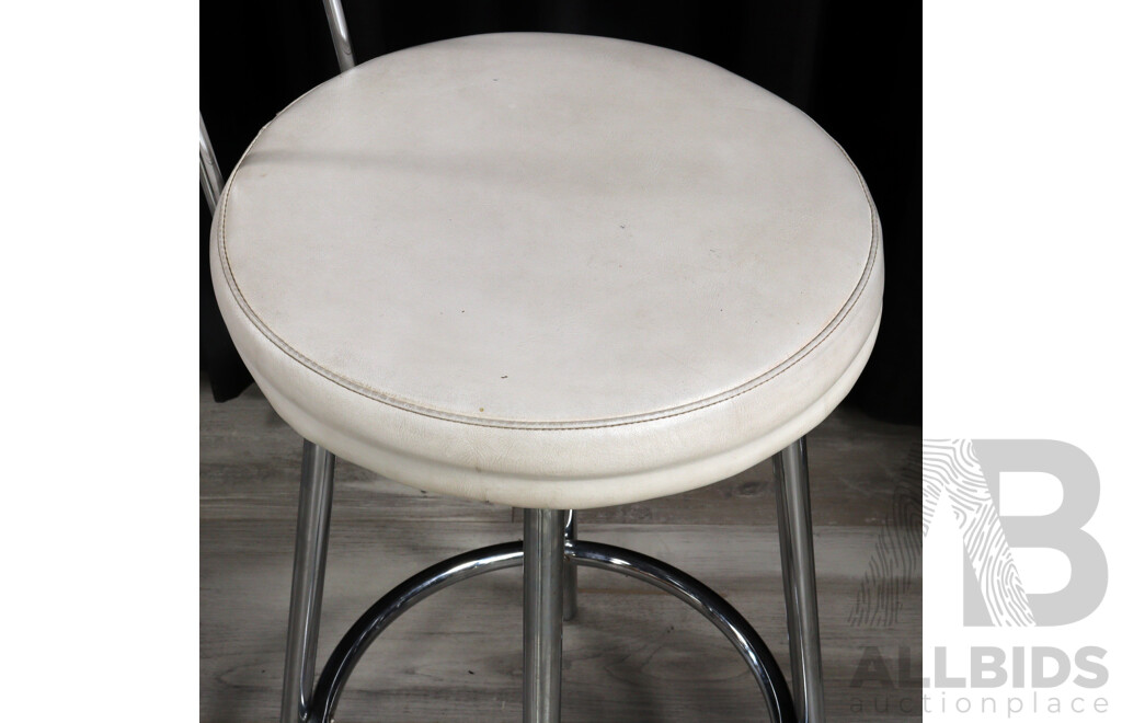 Set of Four Modern Chrome Based Barstool with White Leather Upholstery