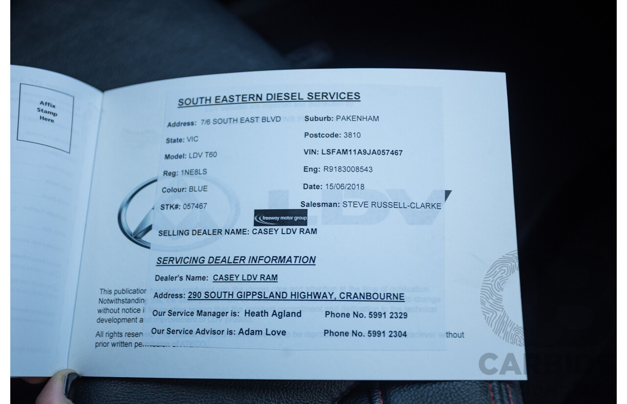 05/2018 LDV T60 LUXE (4x4) SK8C Double Cab Utility Blue Turbo Diesel 2.8L