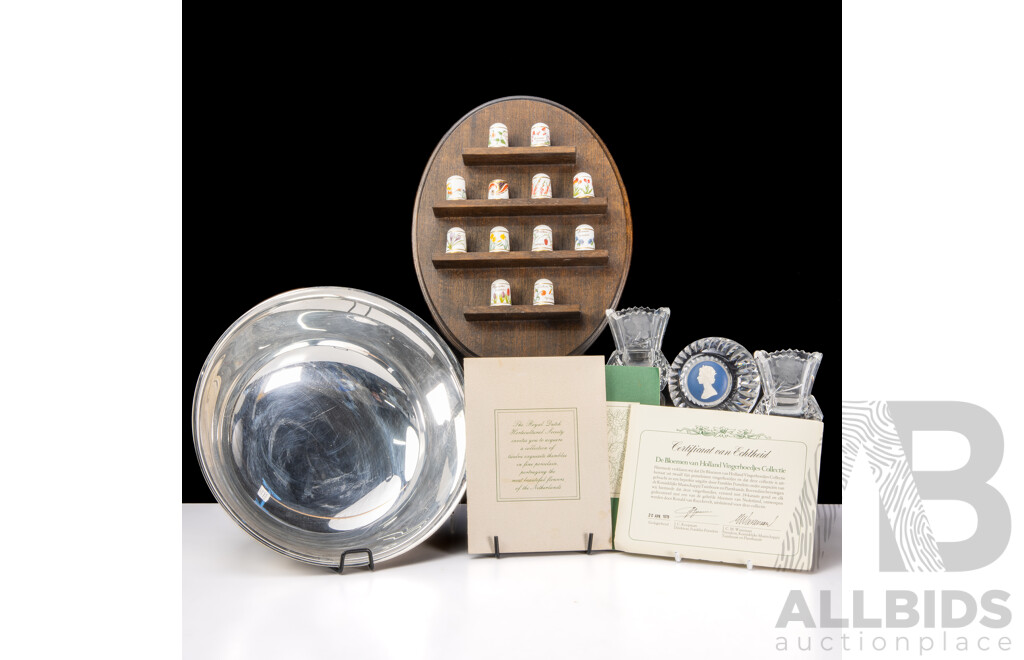 Vintage Silver Plate Gorham Paul Revere Style Bowl, Set12 Porcelain Flowers of Holland Thimbles with Display Shelf & Certificate of Authenticity, Wedgwood Crystal and Jasperware Paperweight and More