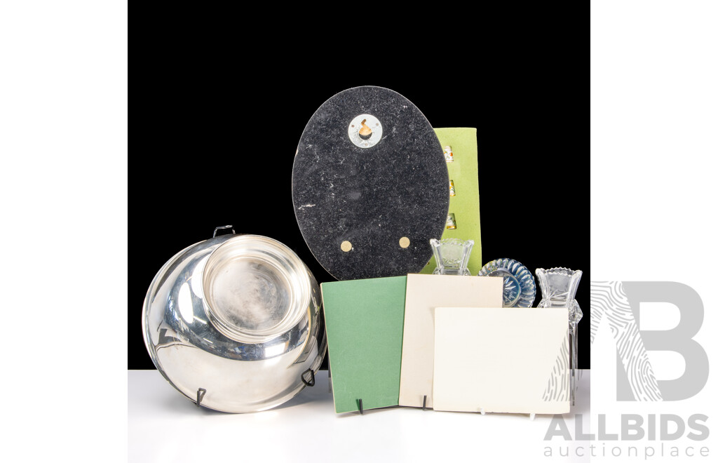 Vintage Silver Plate Gorham Paul Revere Style Bowl, Set12 Porcelain Flowers of Holland Thimbles with Display Shelf & Certificate of Authenticity, Wedgwood Crystal and Jasperware Paperweight and More