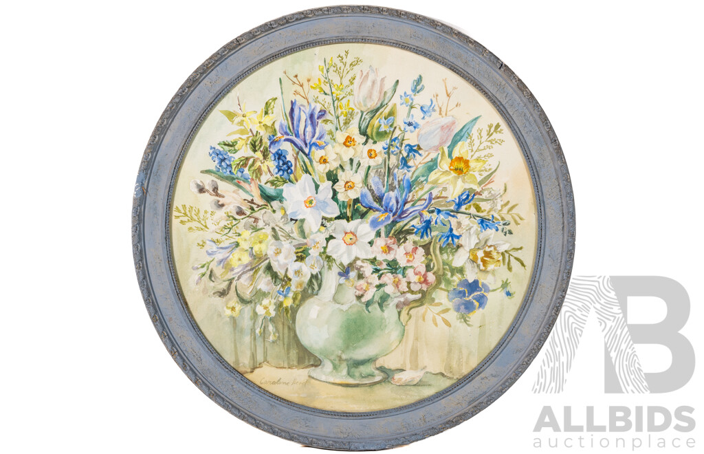 Caroline Herd, (20th Century), Perfect Posy in Green Vase, Wonderful Original Vintage Watercolour, 58 x 58 cm (circular Frame)