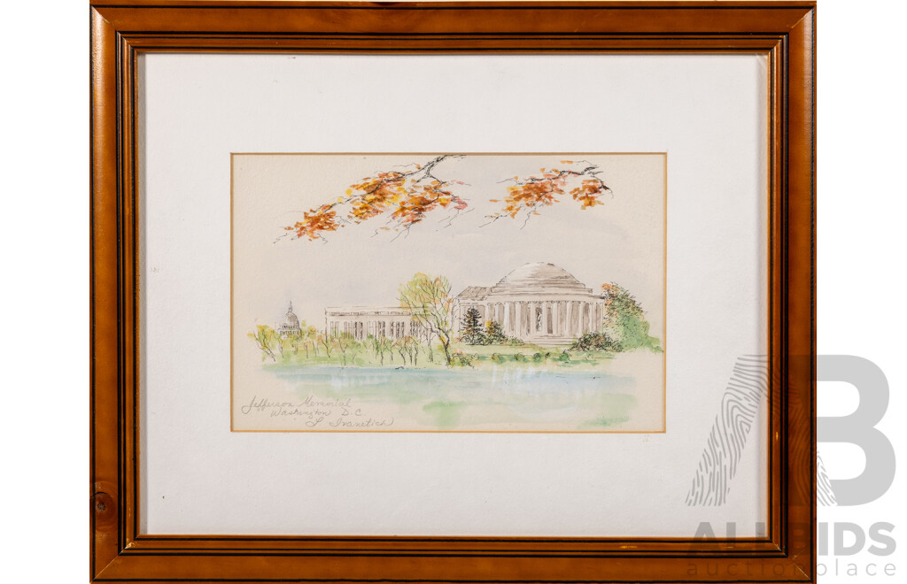 L. Ivanetich, (20th Century), Jefferson Memorial, Washington DC, Lovely Original Ink & Watercolour, 33 X 41 Cm (frame)