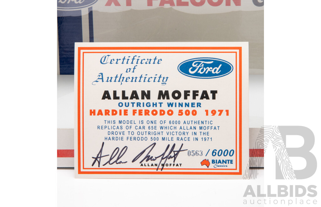 Biante 1971 Ford XY Falcon GTHO Allan Moffat Hardie Ferodo 500 Winner #65E 563/6000 1:18 Scale Model Car - Signed COA
