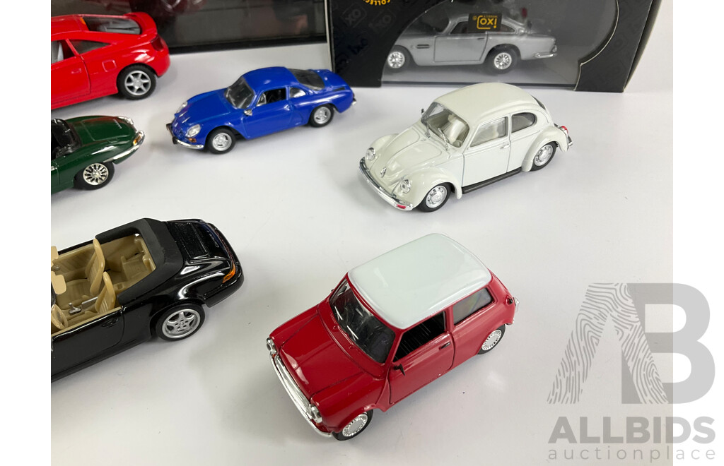 Model Car Display Case with Diecast Vehicles Including Ford Capri, Corvette, Mini, Porsche, Renault, Volkswagen, Jaguar