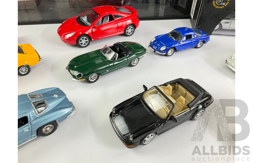 Model Car Display Case with Diecast Vehicles Including Ford Capri, Corvette, Mini, Porsche, Renault, Volkswagen, Jaguar