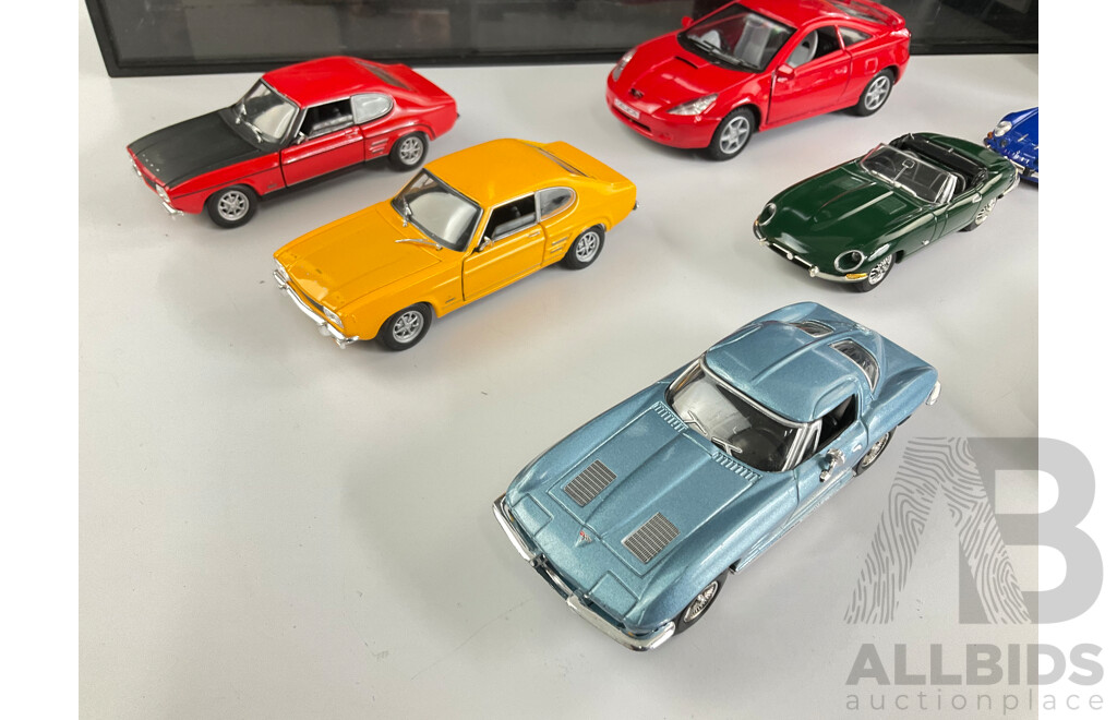 Model Car Display Case with Diecast Vehicles Including Ford Capri, Corvette, Mini, Porsche, Renault, Volkswagen, Jaguar