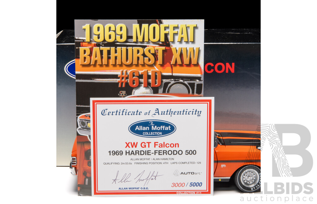 AUTOart 1969 Ford XW GT Falcon #61D Hardie Ferodo 500 Allan Moffat & Alan Hamilton 3000/5000 1:18 Scale Model Car - Signed COA Included