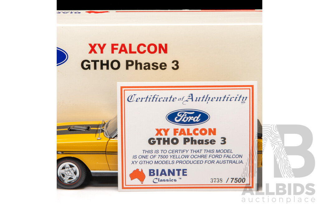 Biante Ford XY Falcon GT-HO Phase III Yellow Ochre W Black Stripes 3738/7500 1:18 Scale Model Car - COA Included