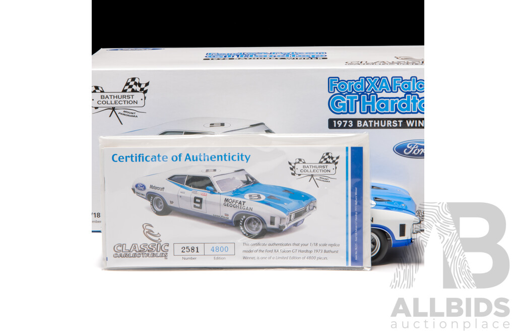 Classic Carlectables 1973 Ford XA Falcon GT Hardtop Bathurst Winner Moffat & Geoghegan #9 White 2581/4800 1:18 Scale Model Car - COA Included