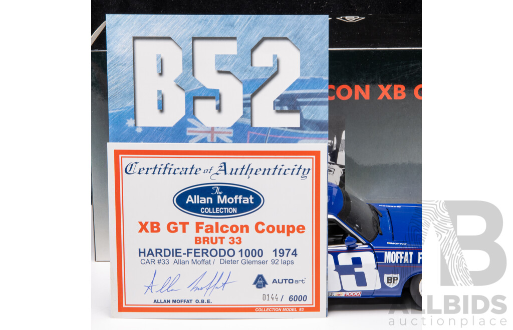 AUTOart 1974 Ford XB GT Falcon Coupe Brut 33 Hardie Ferodo 1000 Allan Moffat & Dieter Glemser 144/6000 1:18 Scale Model Car - Signed COA
