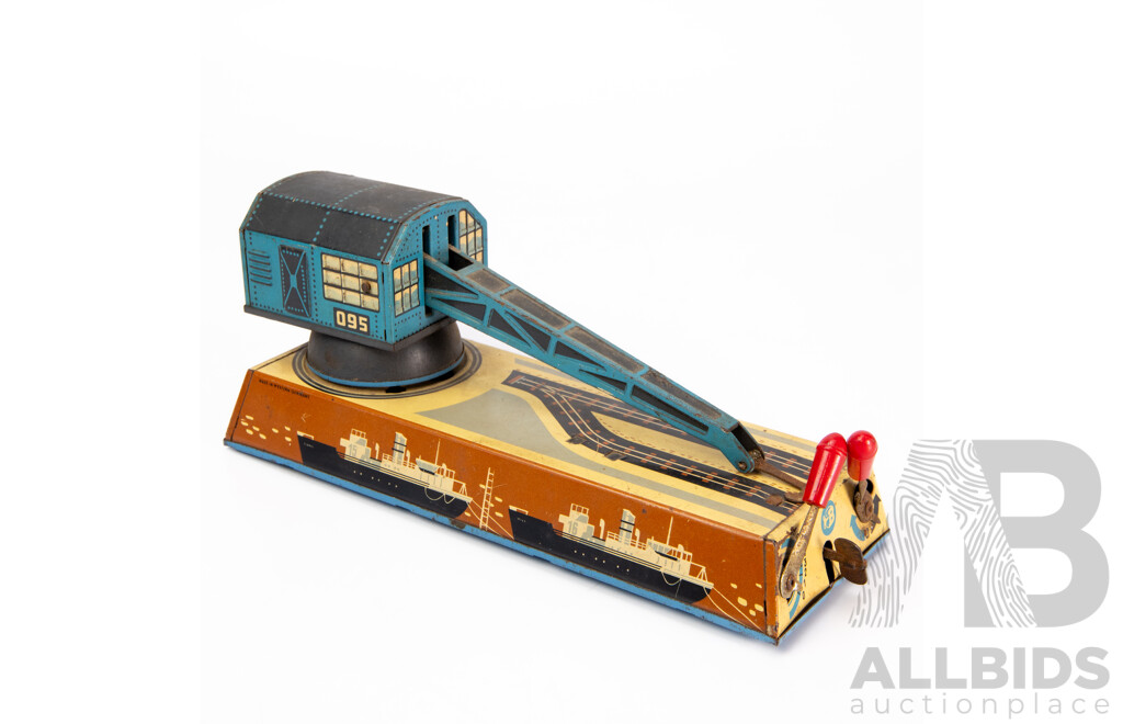 Vintage Hans Biller Automatic Dock Yard Crane Wind-Up Toy, West Germany, 1950s