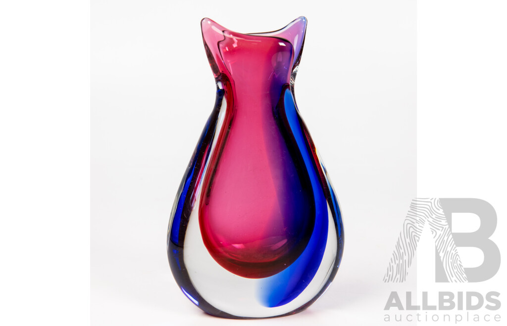 Luigi Onesto for Oball Murano Sommerso Vase Signed, Pink and Cobalt