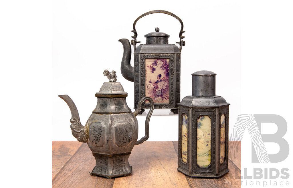 Group of Three Early Chinese Pewter Pieces Including Two Shantou Reverse Painted Glass Items