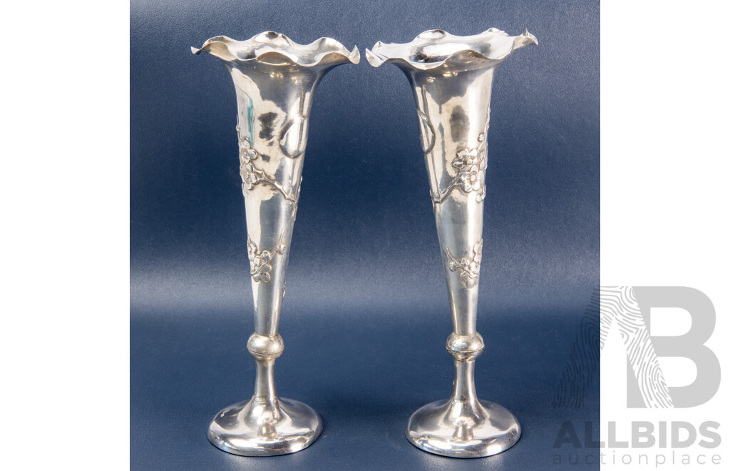 Pair of Chinese Sterling Silver Footed Mantel Vases with Fluted Rims