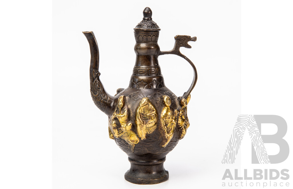 Antique Chinese Bronze Wine Ewer with Raised Gilded Figures and Engraved Decoration