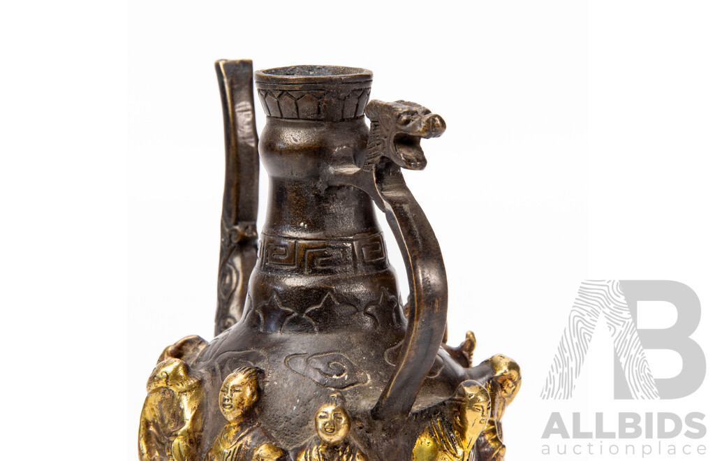 Antique Chinese Bronze Wine Ewer with Raised Gilded Figures and Engraved Decoration