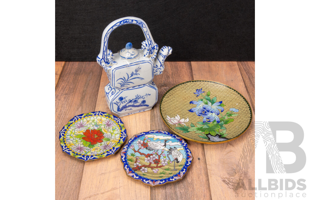 Three Chinese Cloisonné Enamel Dishes with Peony and Egret Motifs and a Vintage Chinese Blue and White Porcelain Teapot with Monkey Handles and Serpent Spout