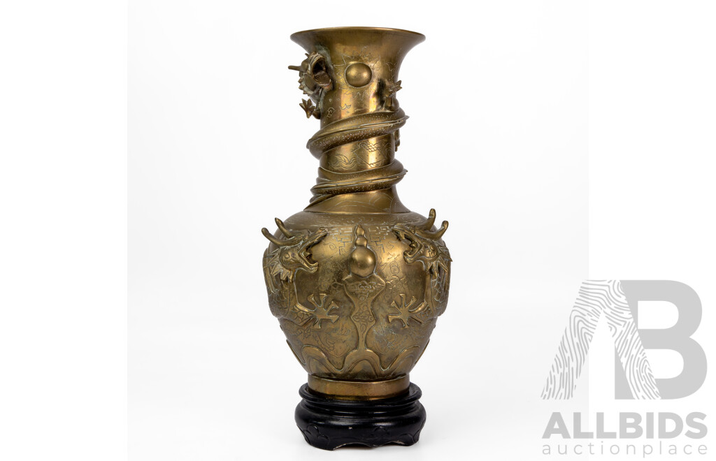 Stunning Antique Chinese Brass Vase with Applied Dragon Motifs