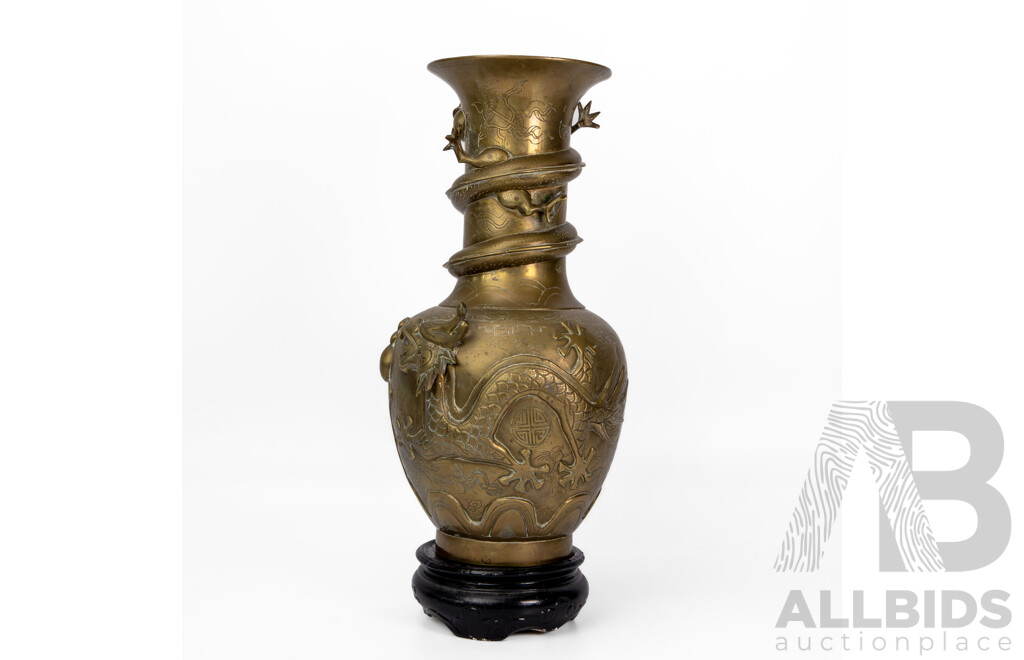 Stunning Antique Chinese Brass Vase with Applied Dragon Motifs