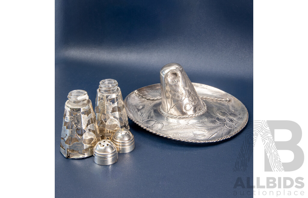 Pair of Mexican Sterling Silver Items Including La Perla Tampico Sombrero-Form Ashtray and Sterling-Topped Crystal Salt and Pepper Shakers
