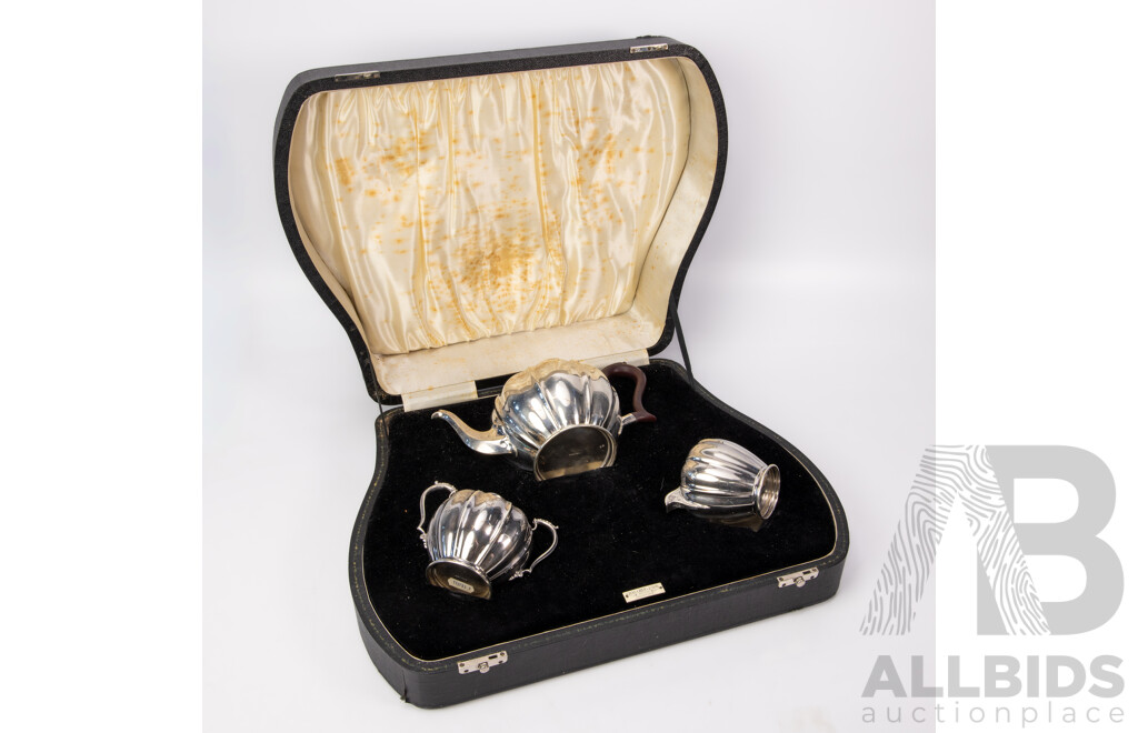 Stunning Adie Bros. (Birmingham) Sterling Silver Teapot, Creamer and Sugar, C.1945, in Original Charles Greig & Son Jewellers (Johannesburg) Presentation Box
