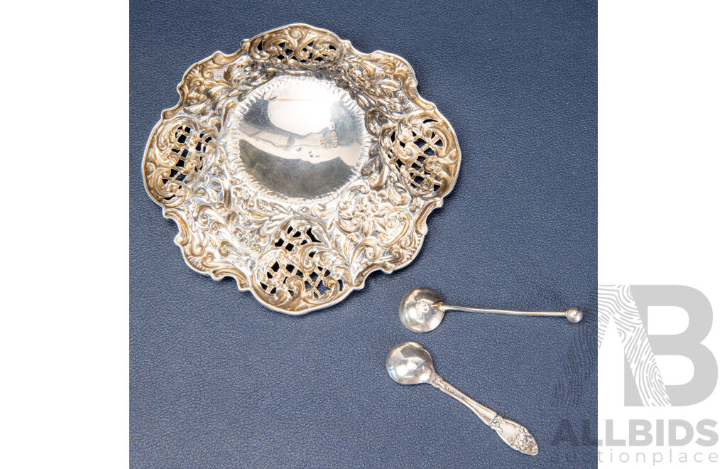 Antique James Dodsworth Sterling Silver Pierced Bowl, Chester 1894, Paired with Two Antique Miniature Salt or Mustard Spoons