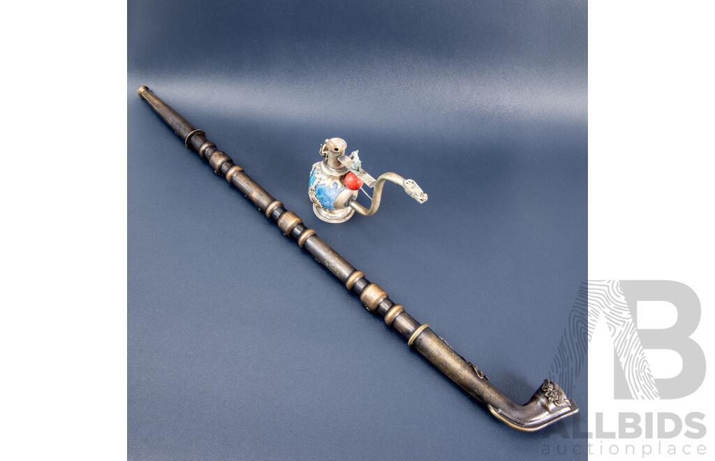 Ornate Opium Pipe with Turquoise-Coloured Stone and Dragon’s Head Mouthpiece, Paired with Antique Chinese Bronze Opium Pipe with Qiulong Dragon and Phoenix Detail