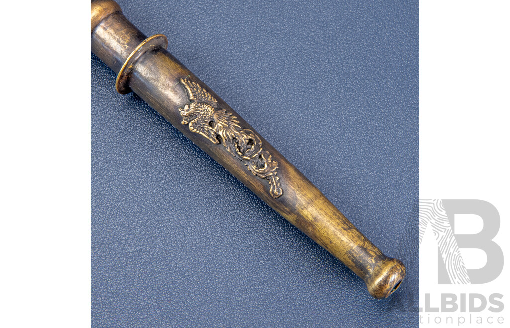 Ornate Opium Pipe with Turquoise-Coloured Stone and Dragon’s Head Mouthpiece, Paired with Antique Chinese Bronze Opium Pipe with Qiulong Dragon and Phoenix Detail