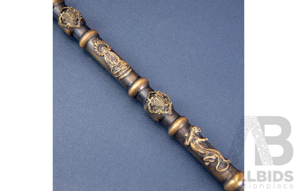 Ornate Opium Pipe with Turquoise-Coloured Stone and Dragon’s Head Mouthpiece, Paired with Antique Chinese Bronze Opium Pipe with Qiulong Dragon and Phoenix Detail