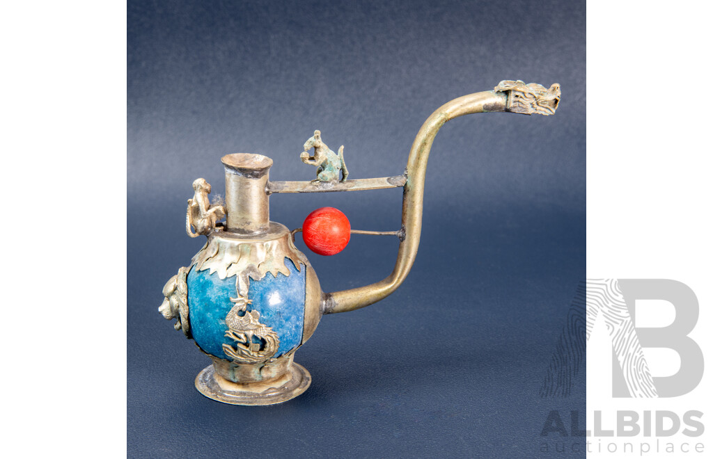 Ornate Opium Pipe with Turquoise-Coloured Stone and Dragon’s Head Mouthpiece, Paired with Antique Chinese Bronze Opium Pipe with Qiulong Dragon and Phoenix Detail