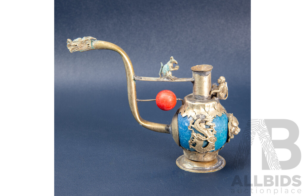 Ornate Opium Pipe with Turquoise-Coloured Stone and Dragon’s Head Mouthpiece, Paired with Antique Chinese Bronze Opium Pipe with Qiulong Dragon and Phoenix Detail
