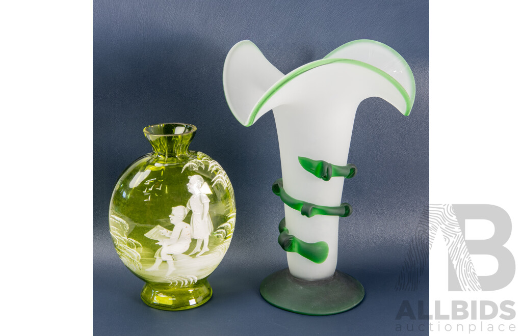 Victorian Mary Gregory Vase and Victorian Satin Finish Art Glass Vase