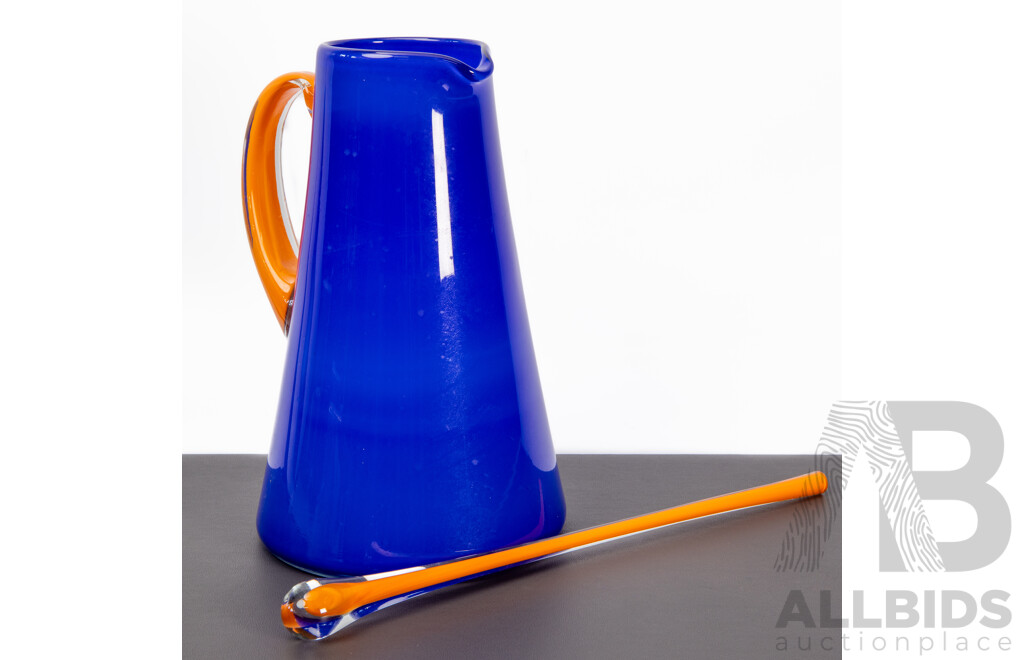 Hand-Blown Studio Glass Water Jug with Matching Swizzle Stick, Signed