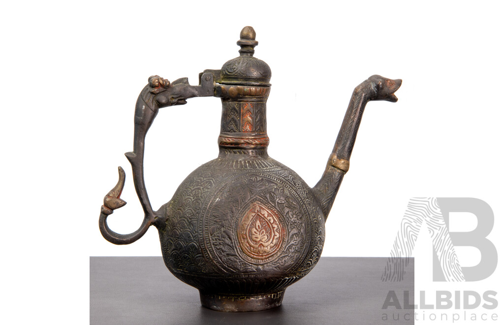 Antique Brass Double-Sided Islamic Dallah with Arabic/Urdu Engraving and Serpent-Form Spout