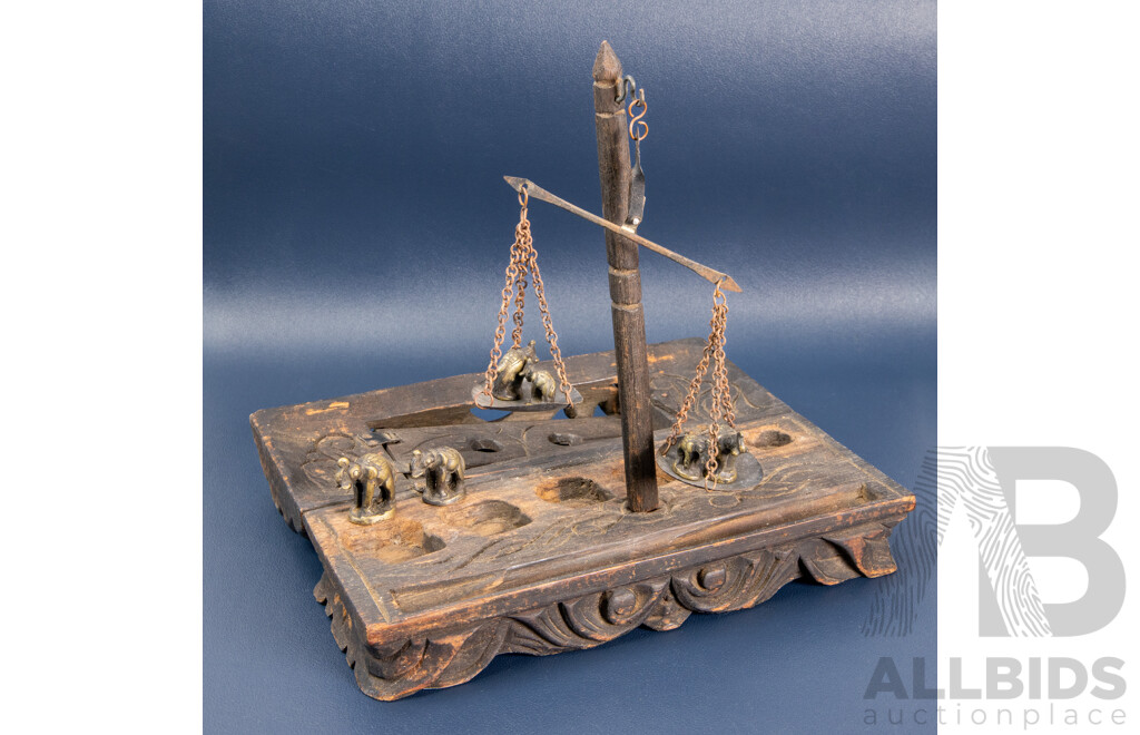 Antique Burmese Opium Scales with Rare Elephant-Form Weights in Hand-Carved Decorated Box  c.1900