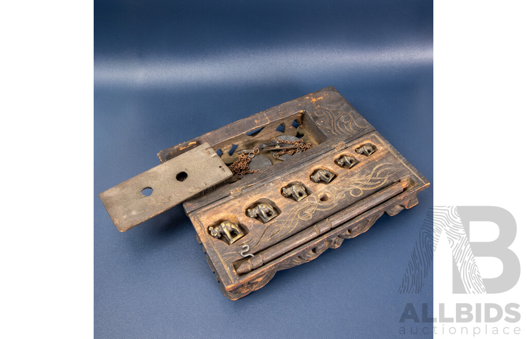Antique Burmese Opium Scales with Rare Elephant-Form Weights in Hand-Carved Decorated Box  c.1900