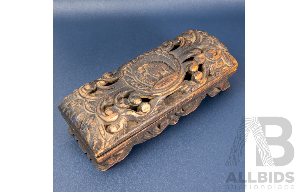 Antique Burmese Opium Scales with Rare Elephant-Form Weights in Hand-Carved Decorated Box  c.1900