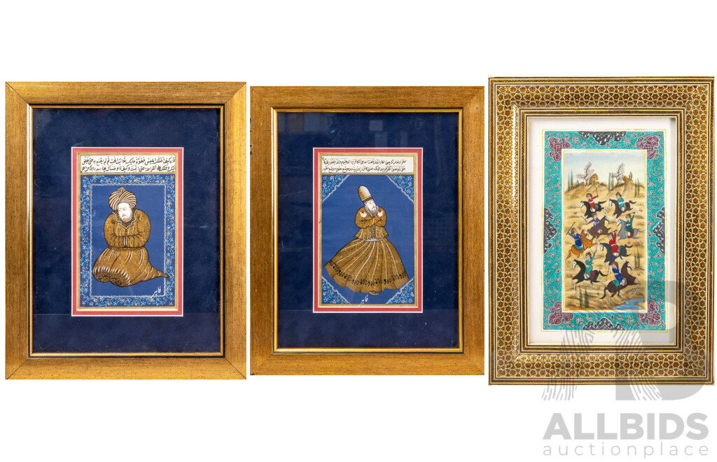 Group of Three Persian Paintings with Calligraphy and Marquetry Frame