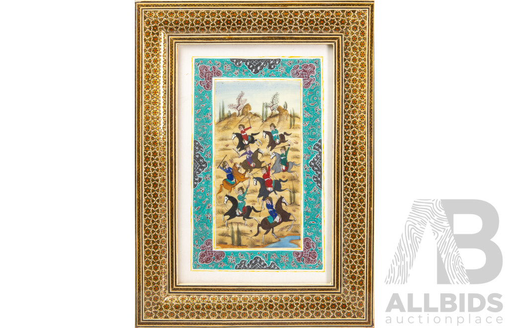 Group of Three Persian Paintings with Calligraphy and Marquetry Frame
