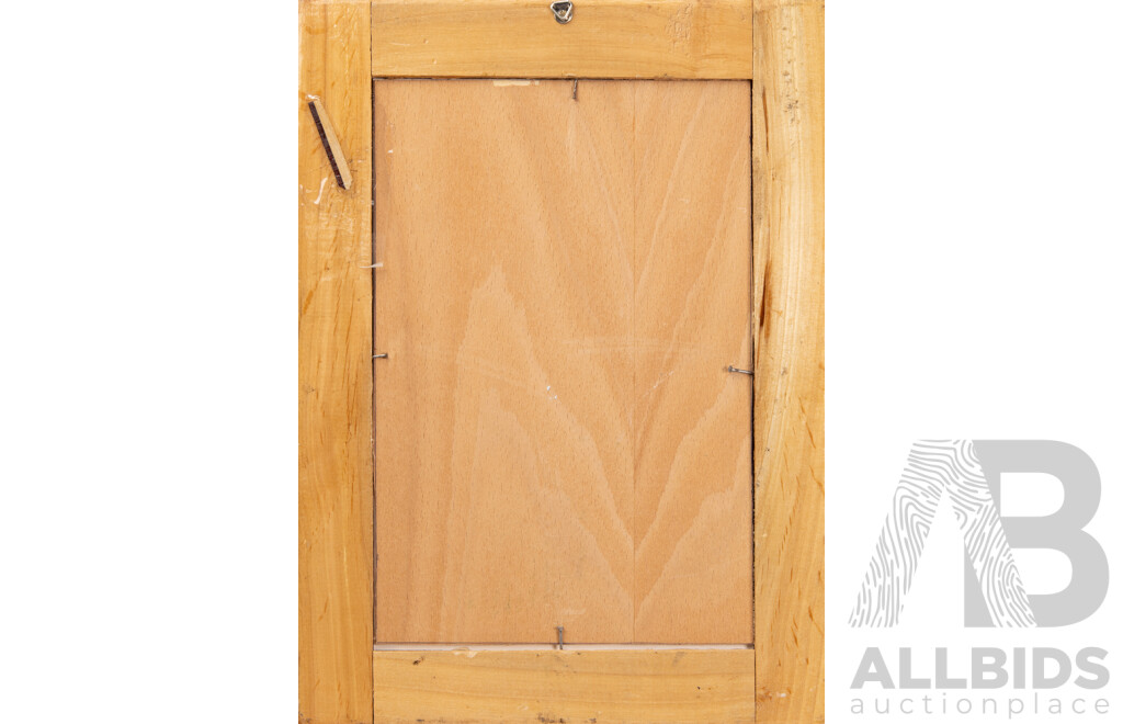 Group of Three Persian Paintings with Calligraphy and Marquetry Frame