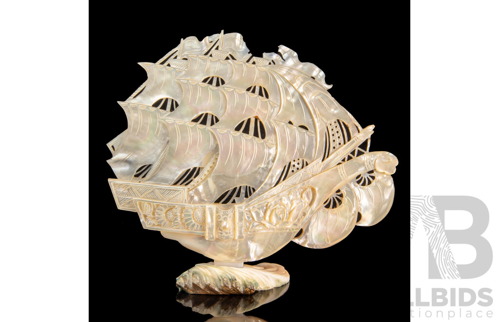 Antique Chinese Carved Mother-of-Pearl Ship Model with Stand