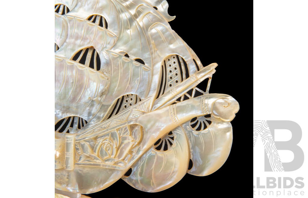 Antique Chinese Carved Mother-of-Pearl Ship Model with Stand